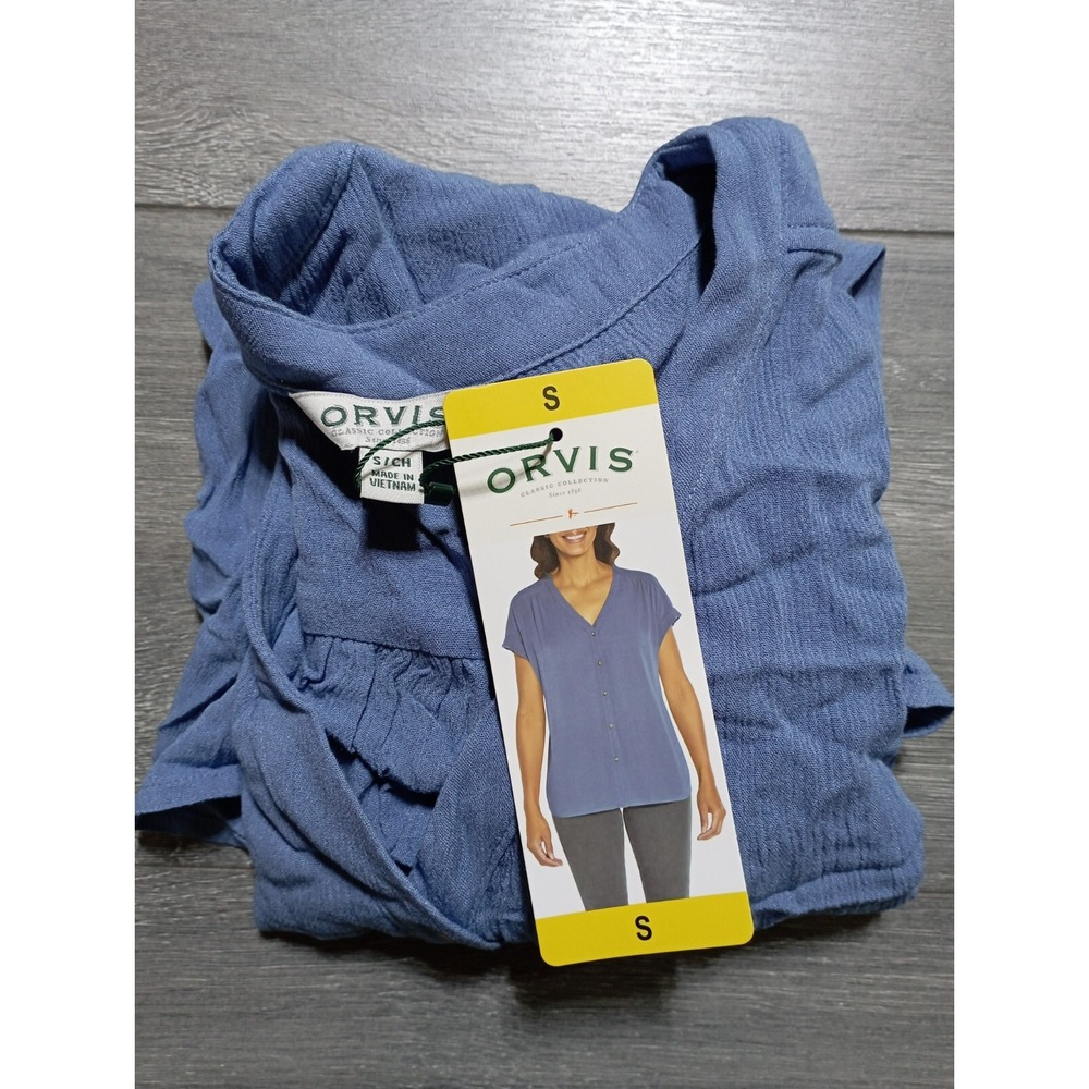 Orvis Womens Blue Rayon Button-Up Short Sleeve Shirt Small 1770085